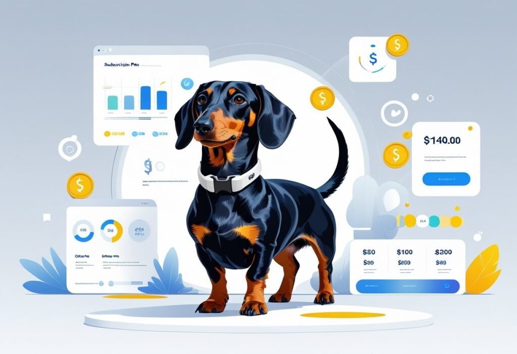 A dachshund wearing a GPS tracker collar with graphical icons representing subscription plans and pricing around it.