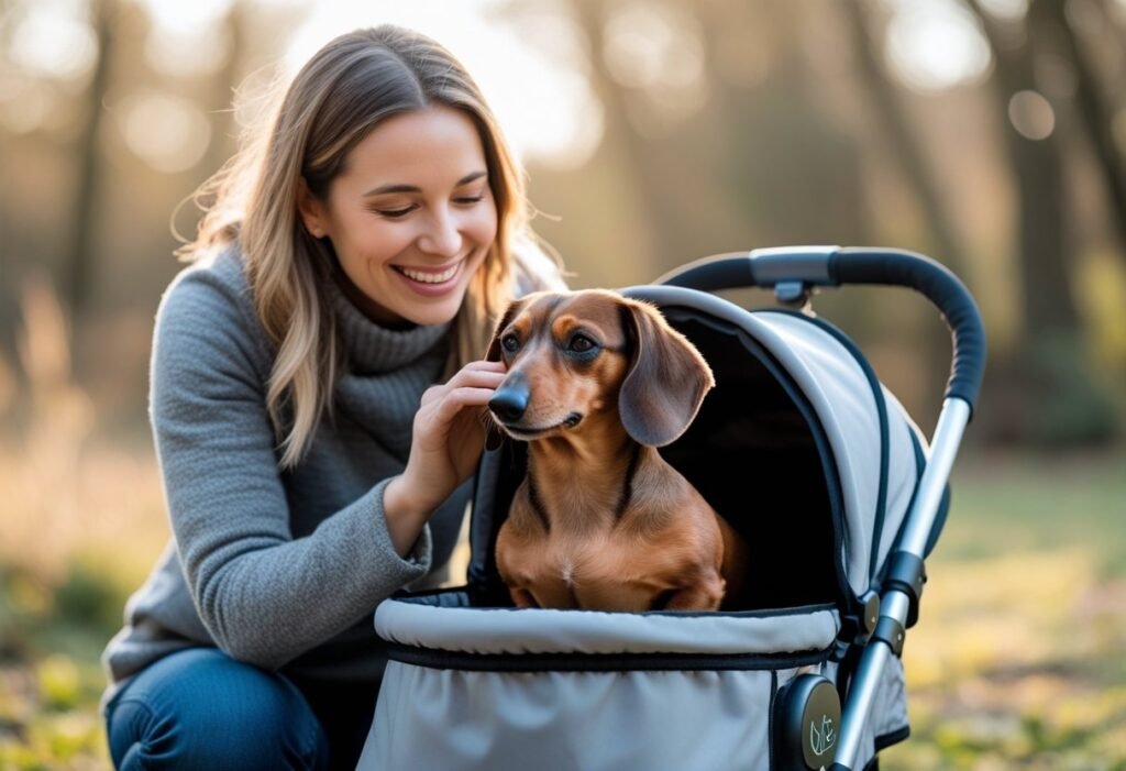 best dog stroller for dachshunds with IVDD - Dog stroller with a half-open sunshade canopy, dachshund inside enjoying fresh air on a bright sunny day.