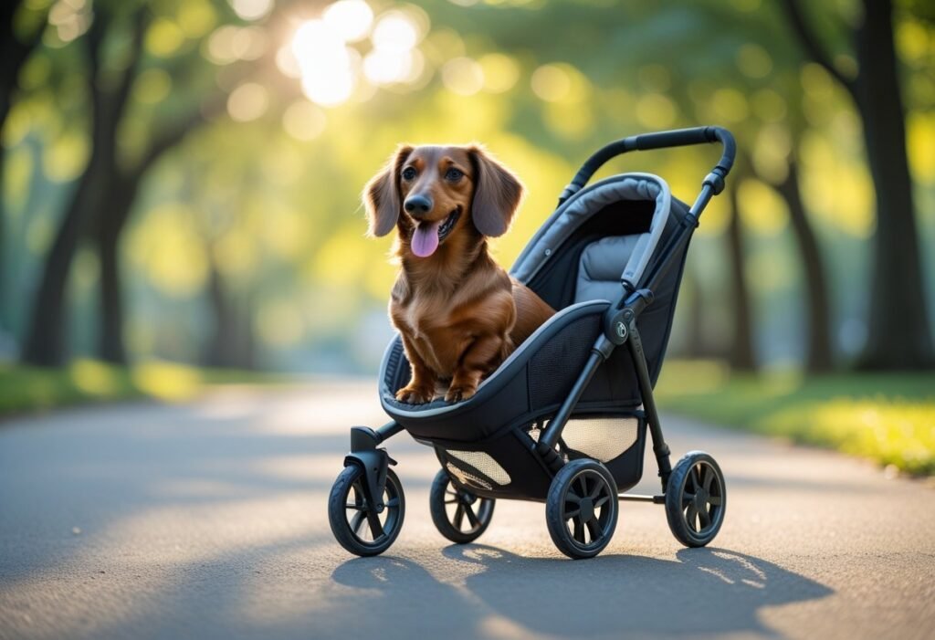 Happy long-haired dachshund sitting proudly in a sleek dog stroller on a sunlit park path, surrounded by green trees.