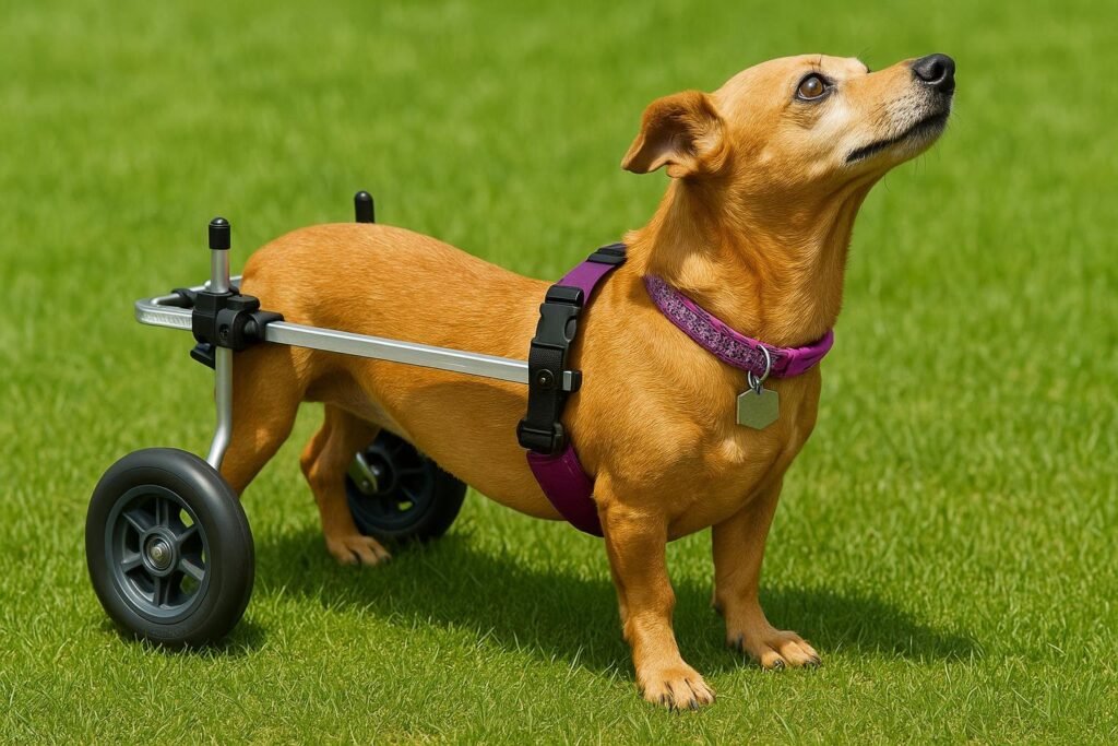 Small reddish-brown Dachshund using K9 Carts silver rear support wheelchair on grass.