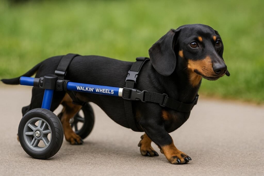 Black-and-tan Dachshund in blue Walkin' Wheels wheelchair walking on paved path.
