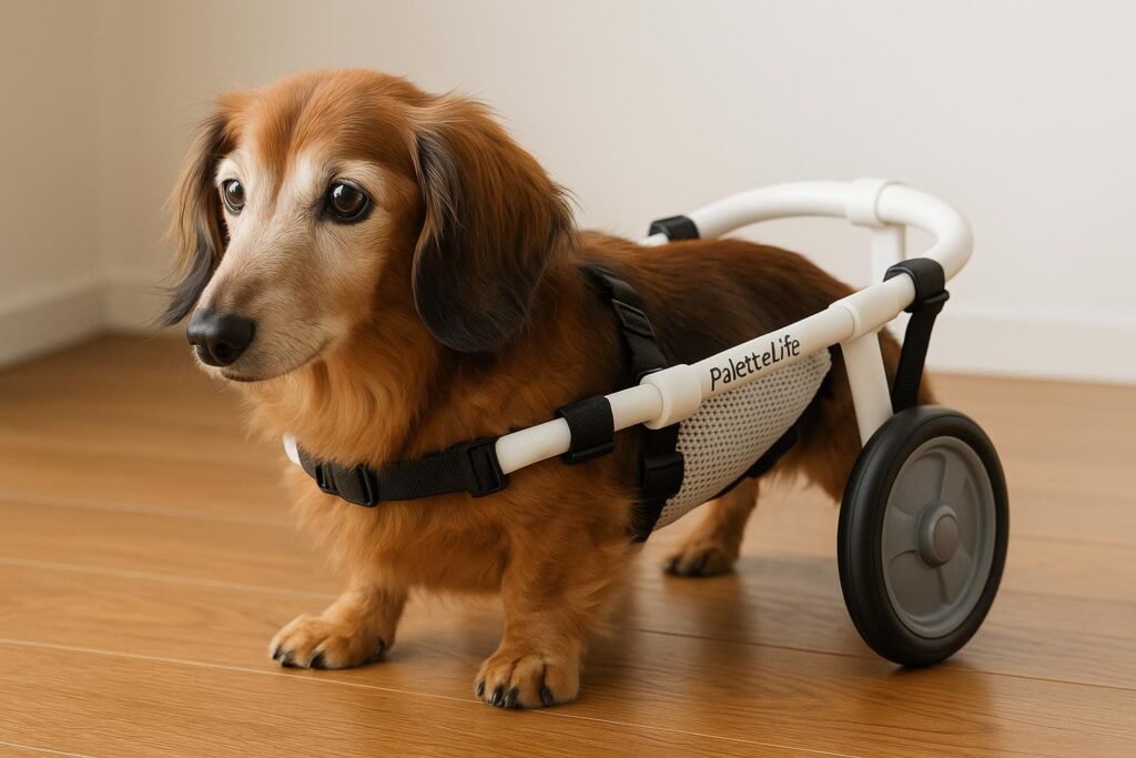 Miniature Dachshund indoors in white PaletteLife wheelchair with mesh padding.