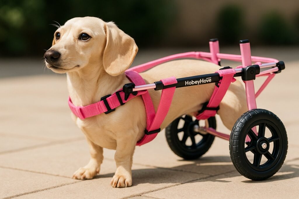 Extra small cream Dachshund in pink HobeyHove XXS adjustable wheelchair on patio.
