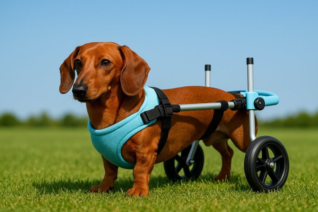 Red Dachshund on grassy lawn in blue Pet Baby lightweight wheelchair.