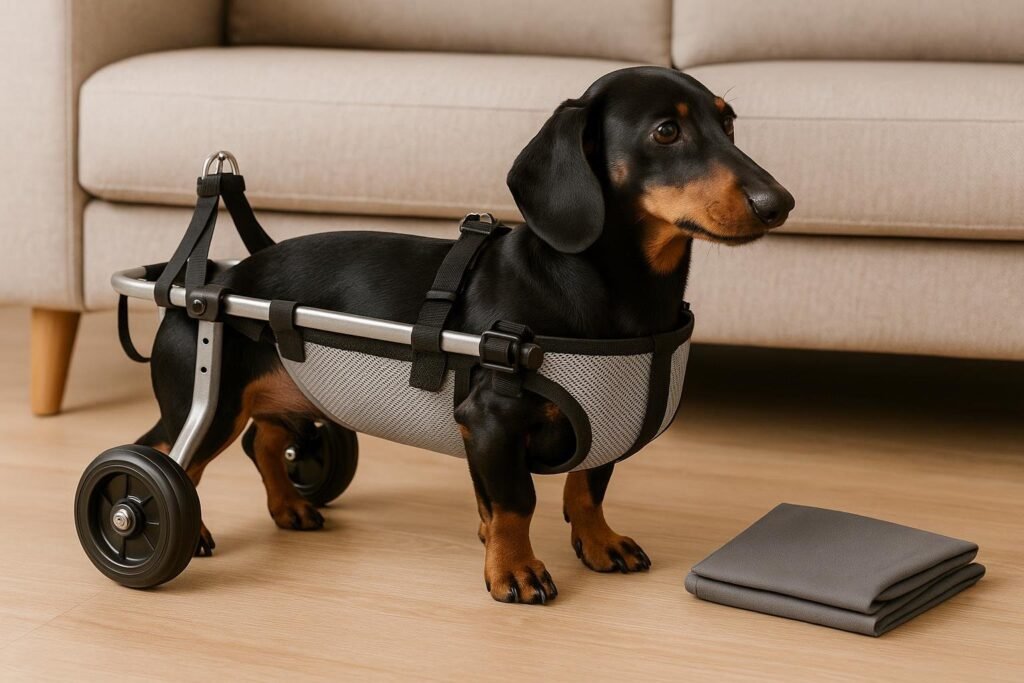 Black Dachshund indoors near sofa in silver PIBEIBUK rear wheelchair with mesh seat.