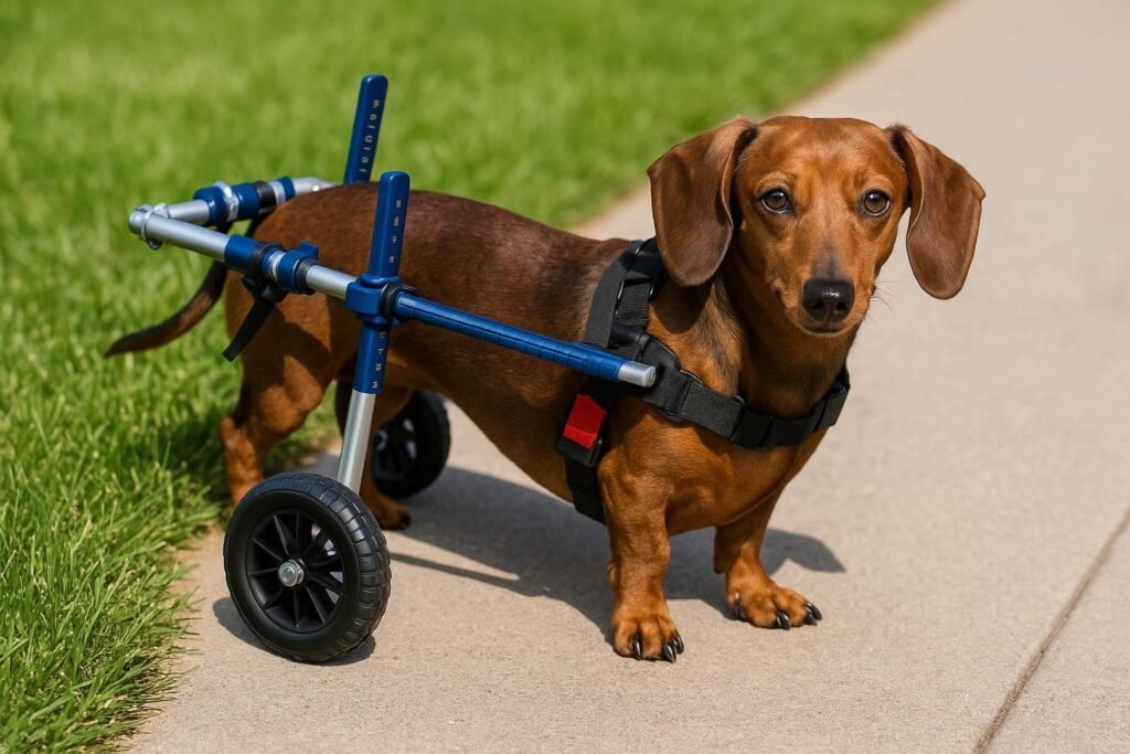Chocolate Dachshund on grass and sidewalk using blue and silver Walkin' Wheels wheelchair.