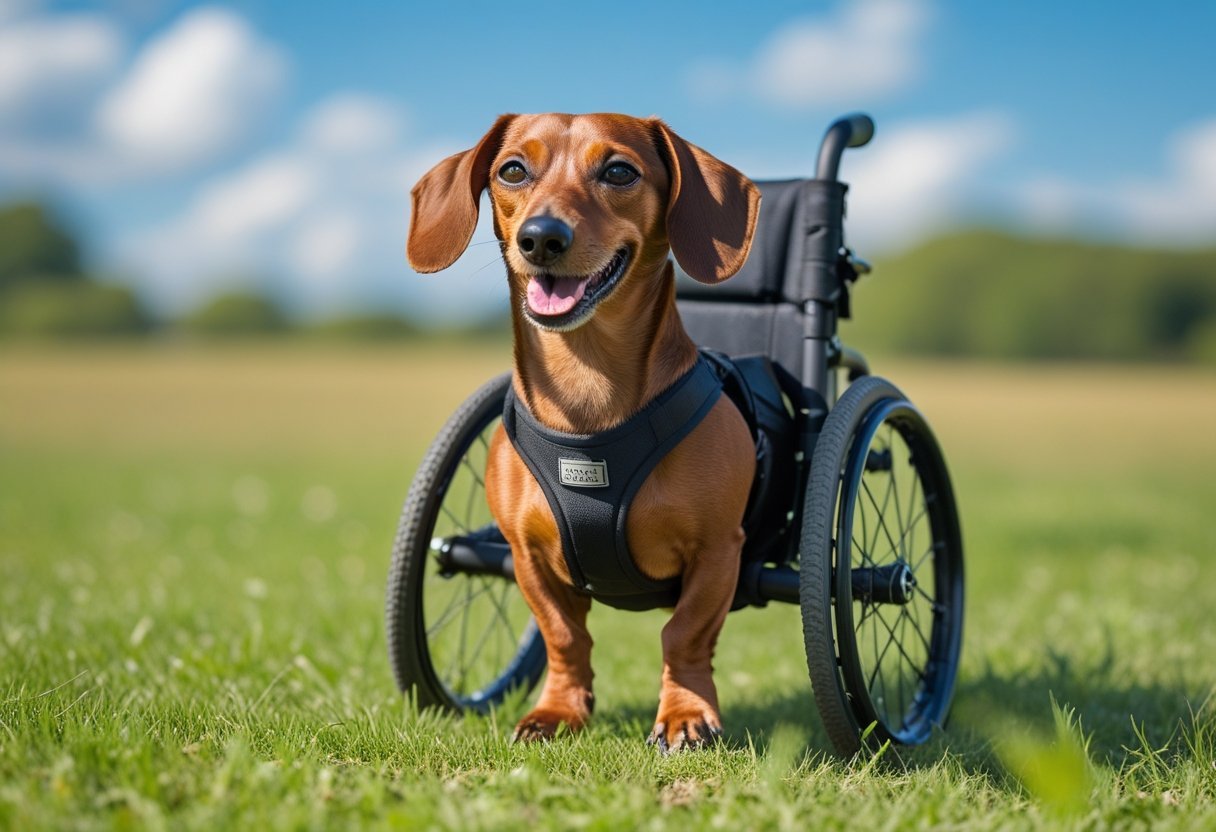 Dachshund running in rear wheelchair across sunny grassy park, ears flapping, tongue out, wearing cute bandana.