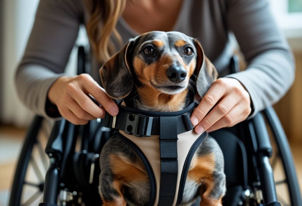 best wheelchairs for dachshund IVDD
Dachshund owner adjusting wheelchair harness indoors, close-up of hands and straps, caring moment.