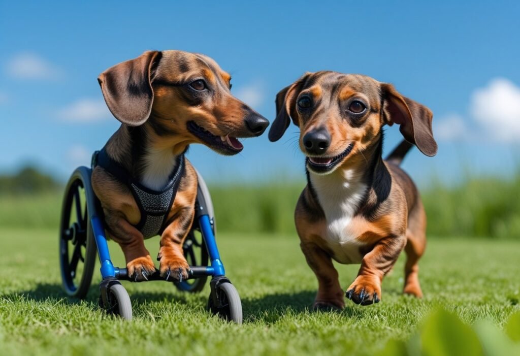 Two Dachshunds, one with wheelchair and one without, playing together on grass under blue sky.