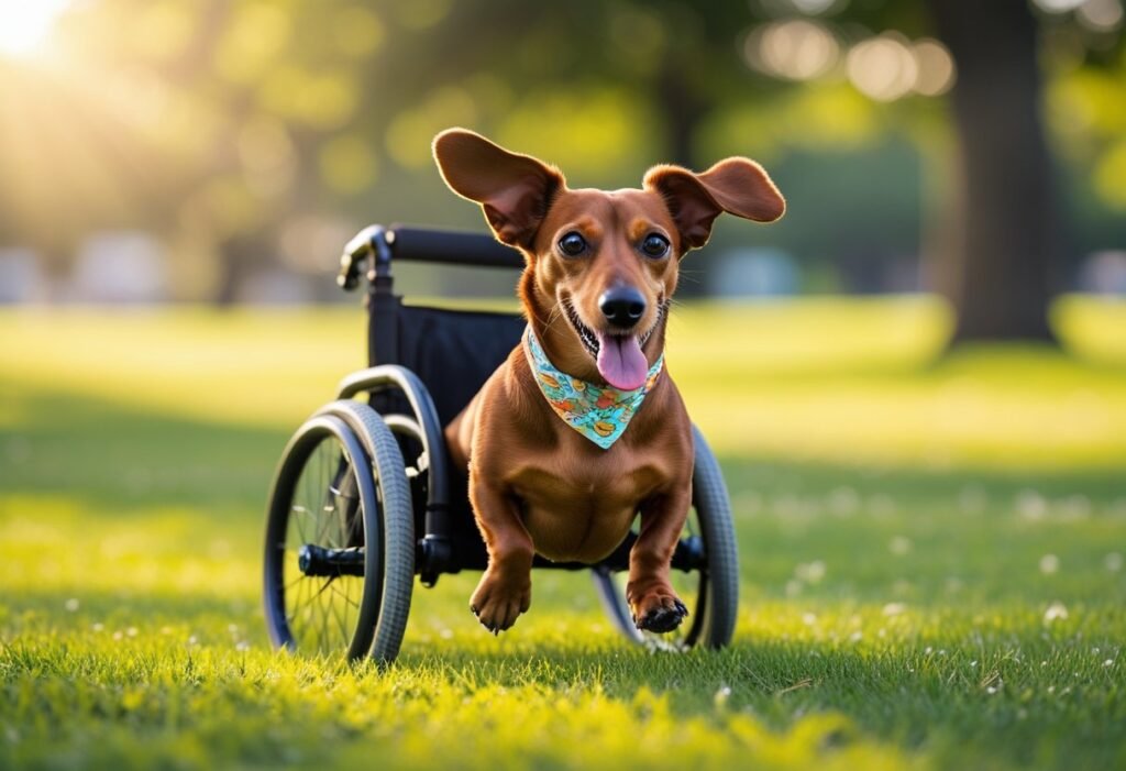 Joyful reddish-brown Dachshund running in rear wheelchair across sunny grassy park, ears flapping, tongue out, wearing cute bandana.