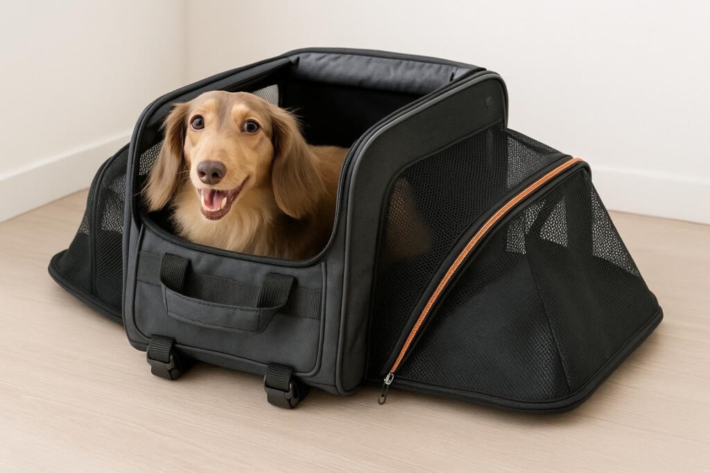 Reddish-brown Dachshund inside ibiyaya JetPaw expandable pet carrier backpack with mesh sides.