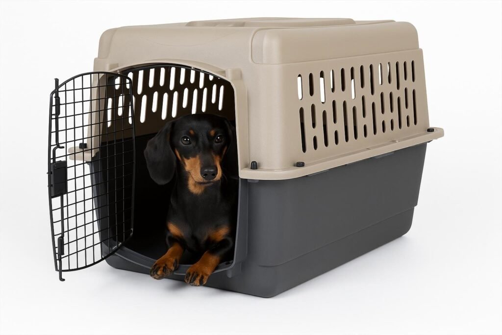 Black-and-tan Dachshund inside Aspen Pet Porter hard-sided travel kennel with metal door.