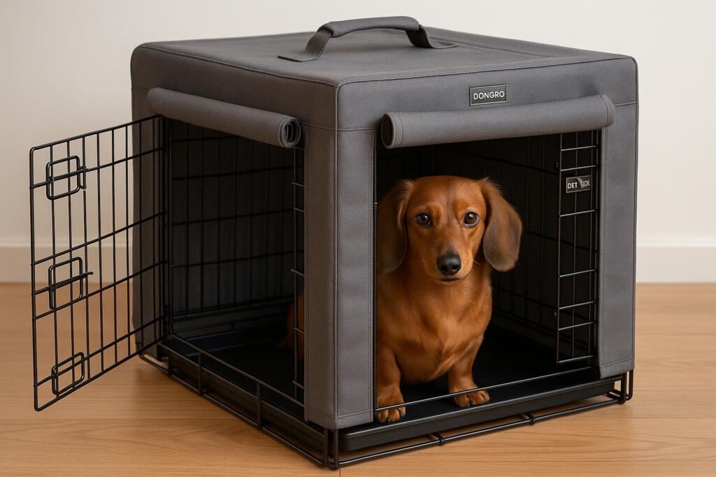 Small Dachshund sitting in DONORO metal wire crate with fabric cover and plastic tray.