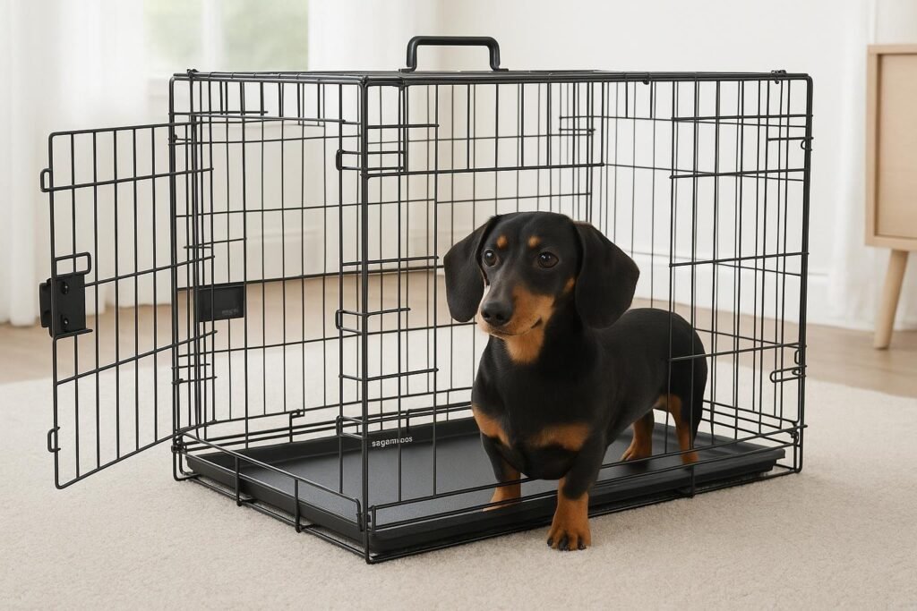 Miniature Dachshund inside Amazon Basics black wire foldable dog crate on carpeted floor.