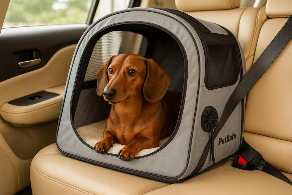 Chocolate Dachshund in PetSafe portable soft-sided crate with mesh panels on car seat.