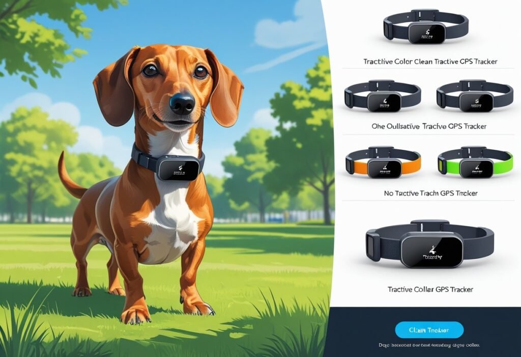 A dachshund wearing a GPS tracker collar standing in a park, with other dogs wearing different trackers shown nearby for comparison.