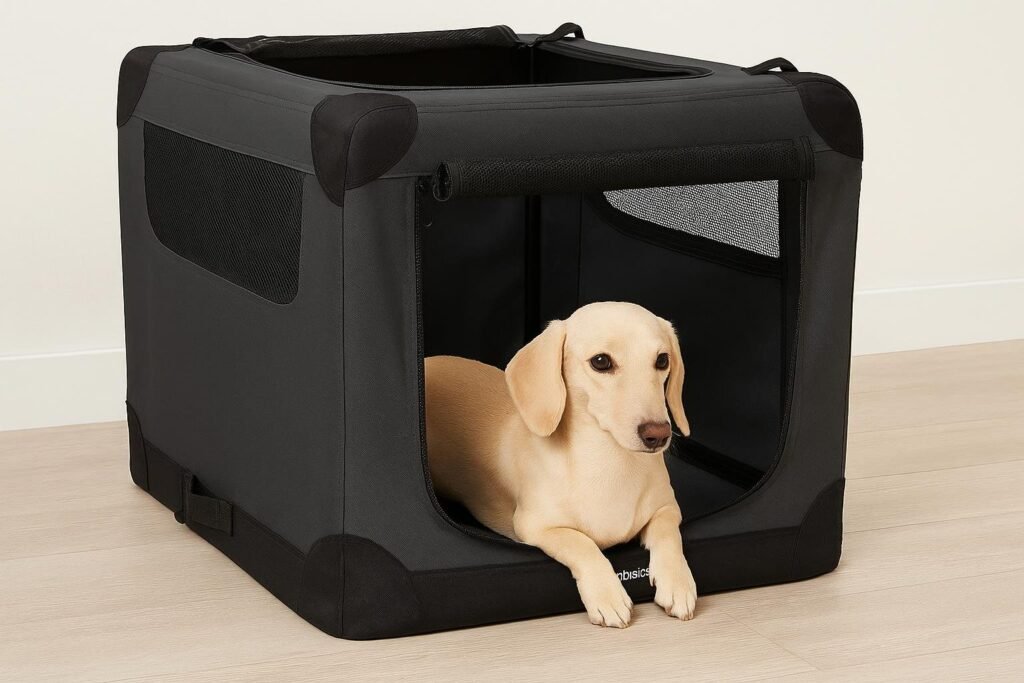 Cream-colored Dachshund lying inside Amazon Basics soft-sided travel crate with mesh doors.