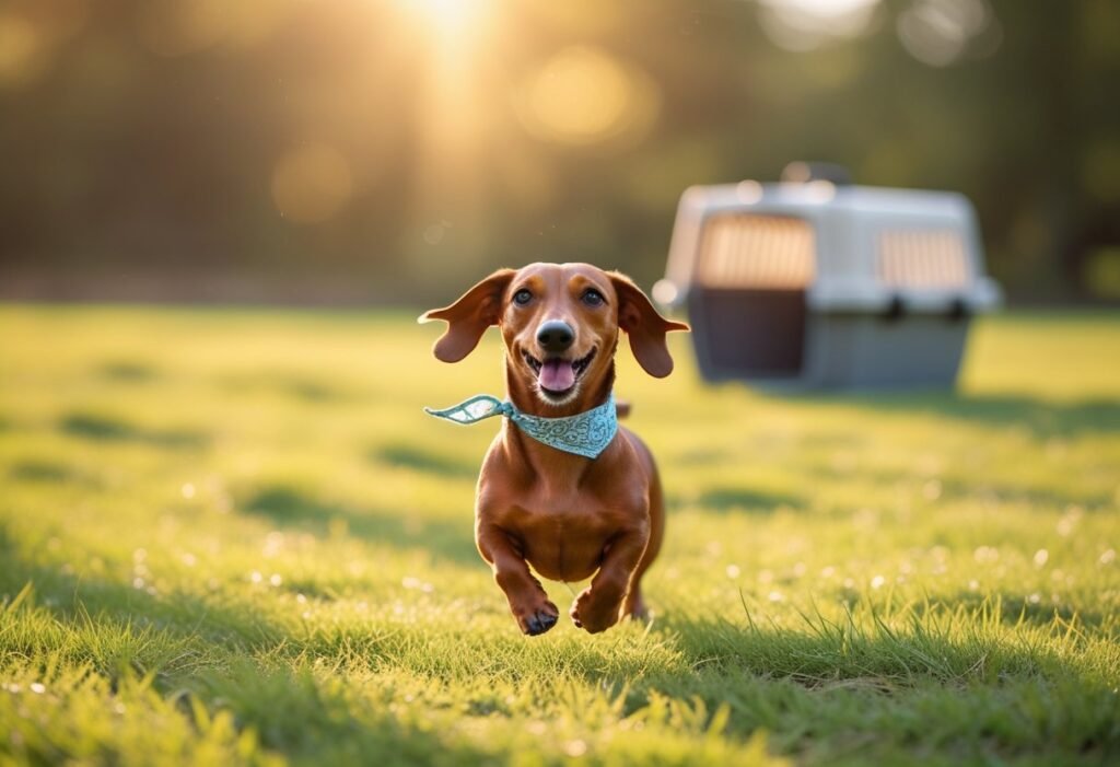 Happy Dachshund running across grassy field with soft-sided travel crate in background, wearing bandana.