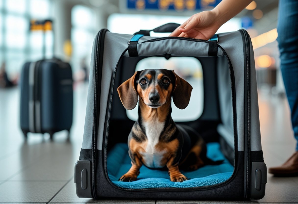Miniature Dachshund in soft-sided travel crate at airport, owner petting dog through mesh window.