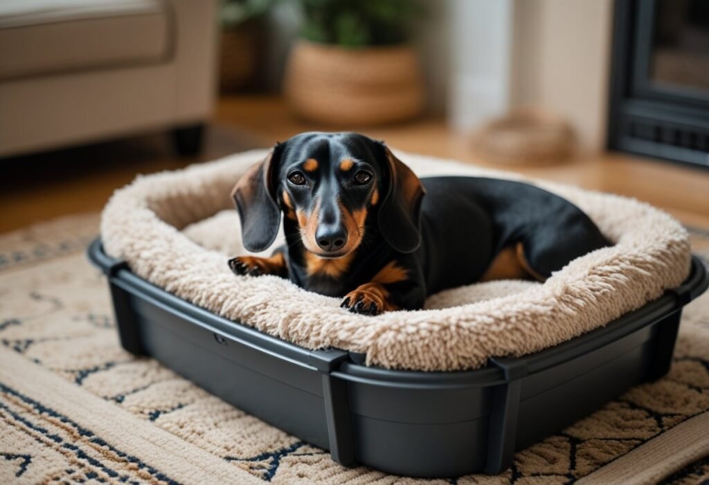 Black-and-tan Dachshund resting inside hard-sided travel crate at home on cozy rug.