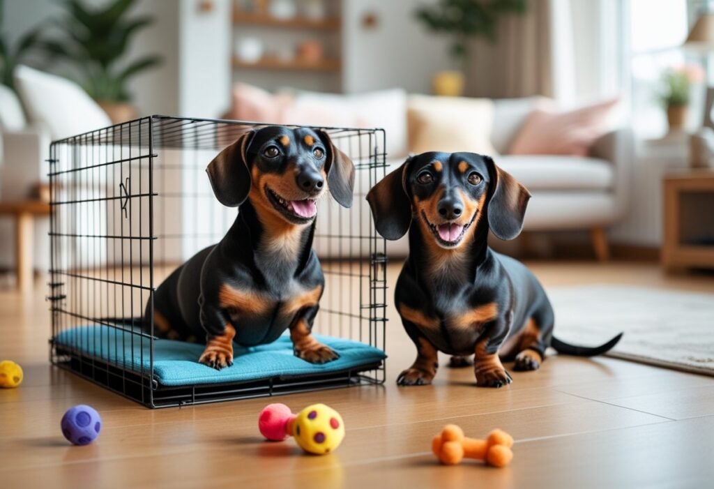best travel crate for dachshunds - Two Dachshunds, one inside wire crate and one sitting beside it, playing in bright living room.