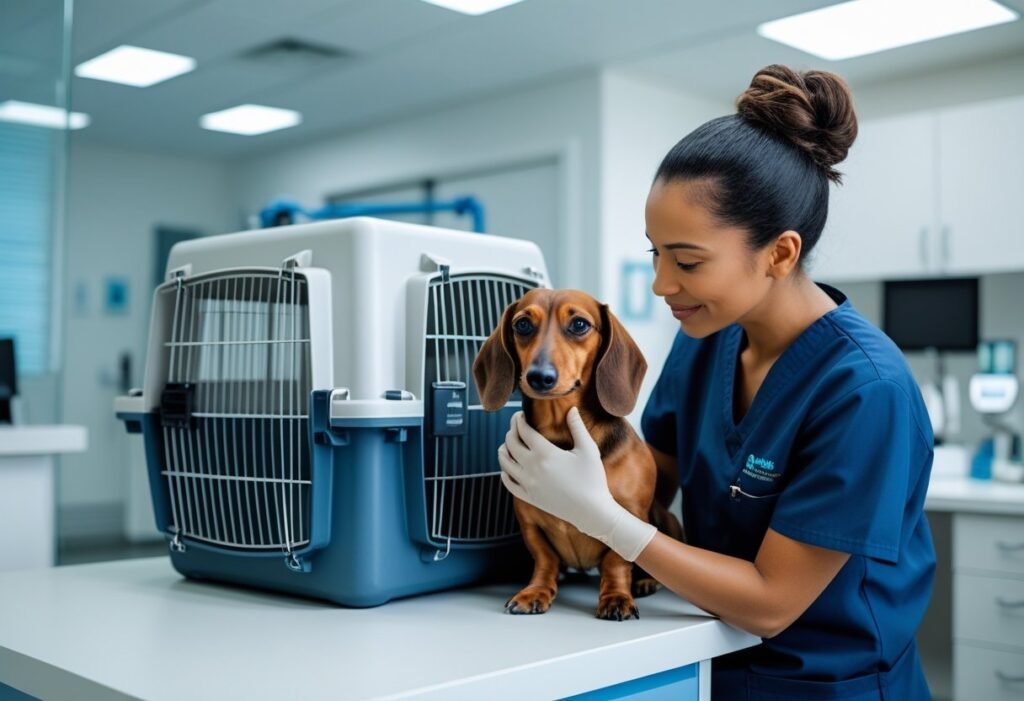 Veterinarian examining Dachshund next to travel crate in modern vet clinic setting.