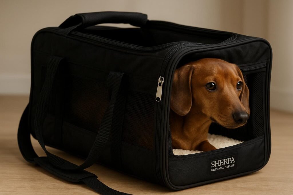 Reddish-brown Dachshund looking out from black Sherpa Original Deluxe soft-sided pet carrier with mesh sides and zippered openings.