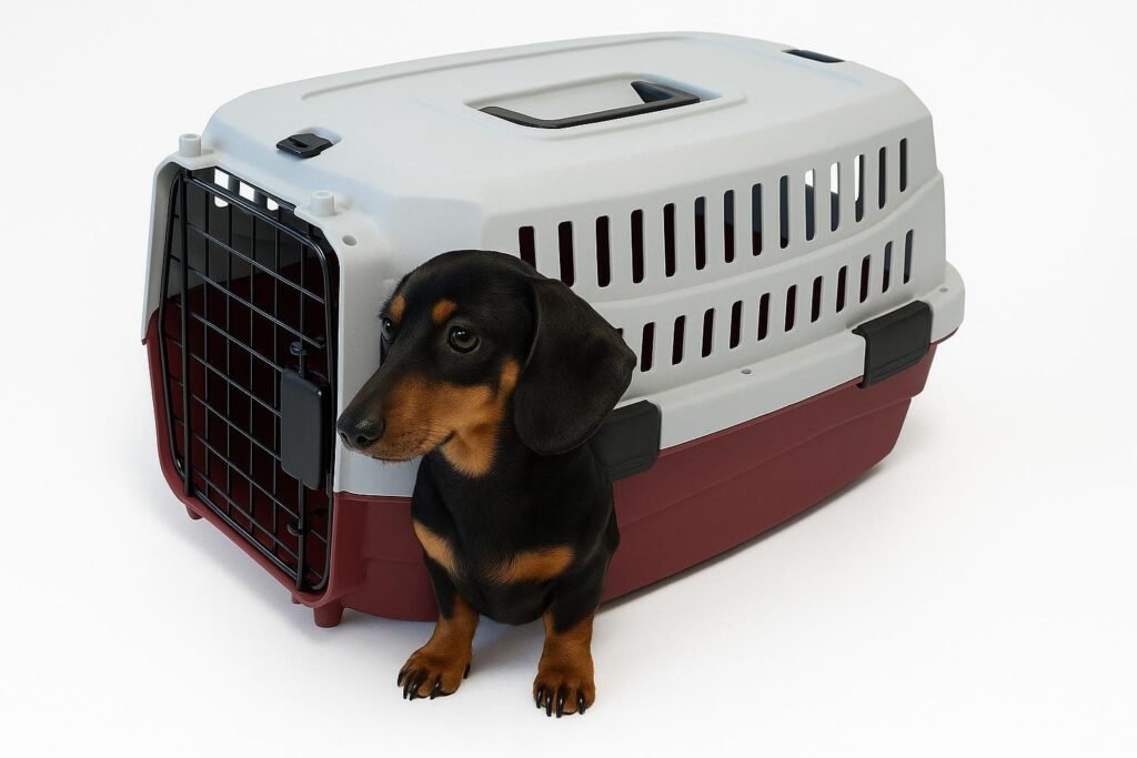 Black-and-tan Dachshund sitting calmly inside burgundy and gray MPETS Viaggio hard-sided dog carrier with top handle and front metal door.