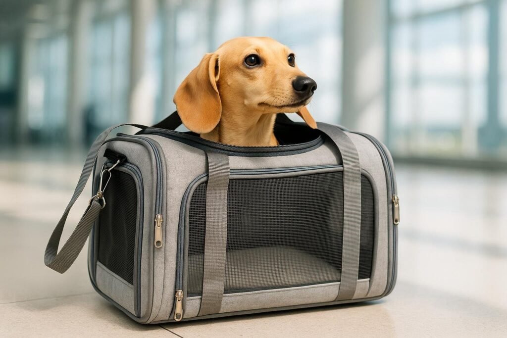 Cream-colored Dachshund peeking through mesh top of gray Henkelion soft-sided airline carrier with padded shoulder strap.