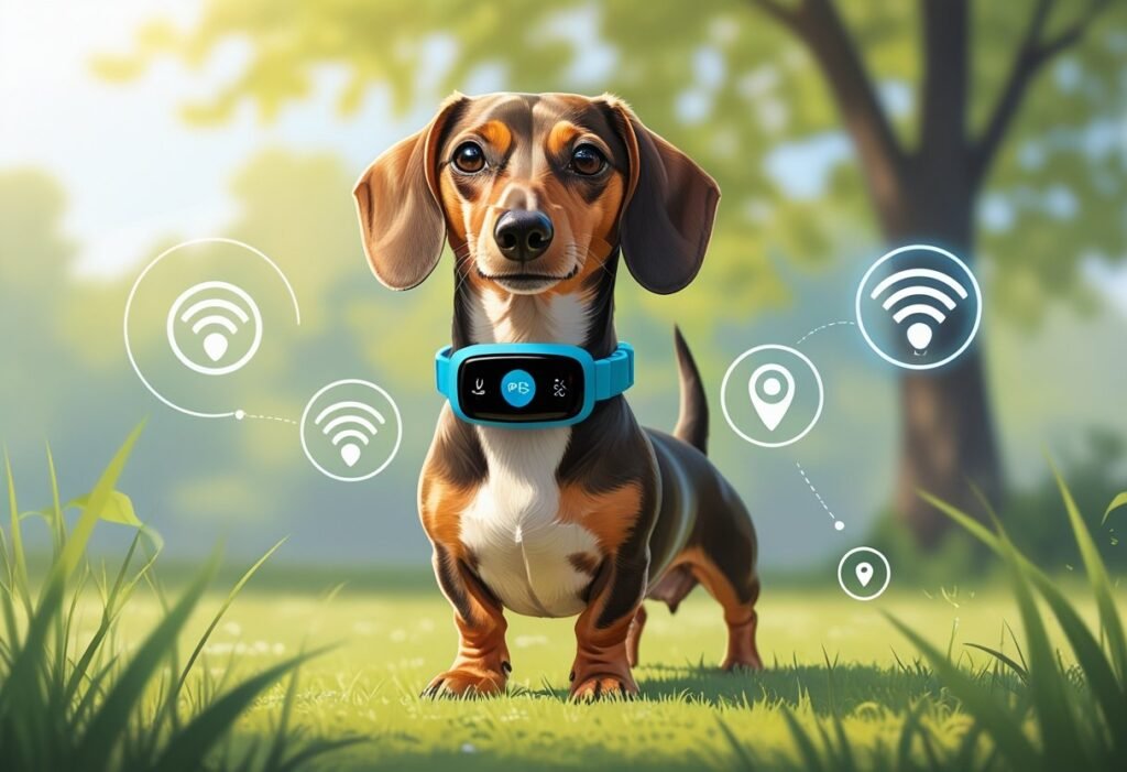 A small Dachshund dog outdoors wearing a GPS tracker collar with icons representing location and connectivity around it.