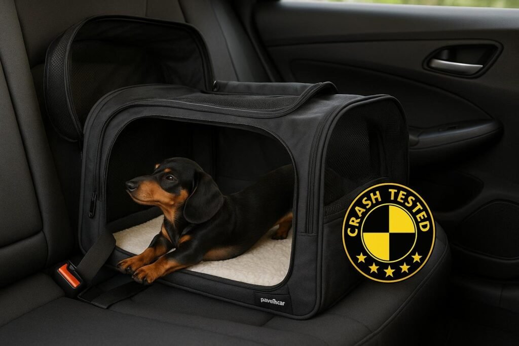 Black-and-tan Dachshund stretching inside dark gray PawsInCar expandable pet carrier with crash-tested label, placed on car backseat with seatbelt.