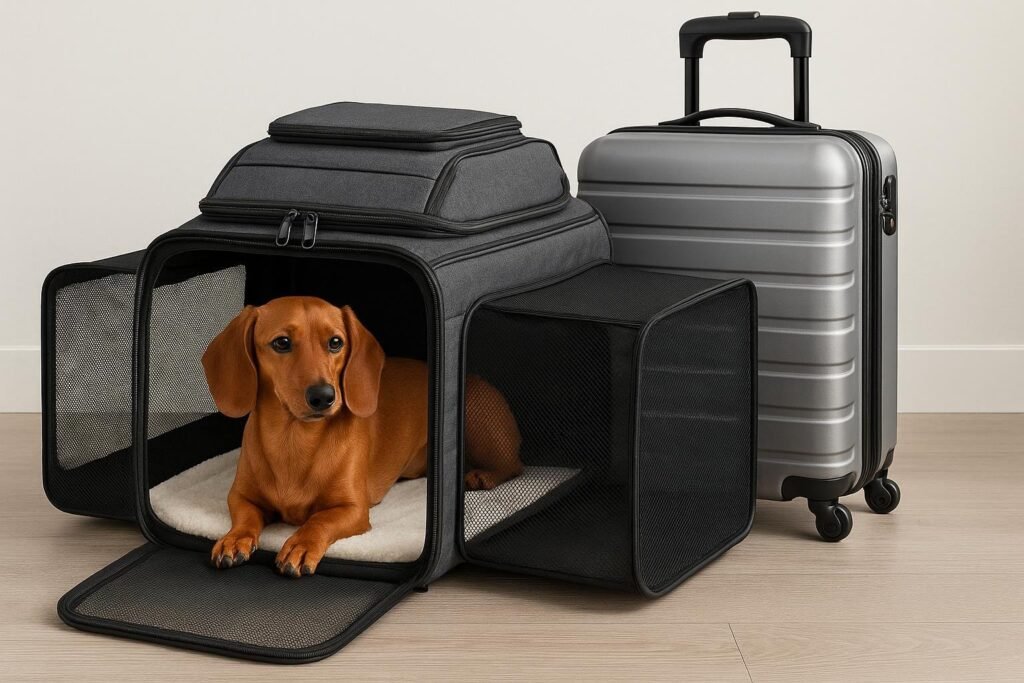 Reddish Dachshund lying on soft mat inside charcoal gray Petskd expandable airline carrier with expanded mesh side panels next to carry-on suitcase.
