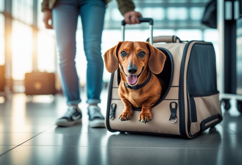 best airline approved dog carrier for dachshund - Happy reddish-brown Dachshund in soft-sided carrier next to rolling luggage at sunlit airport terminal with owner’s legs visible.