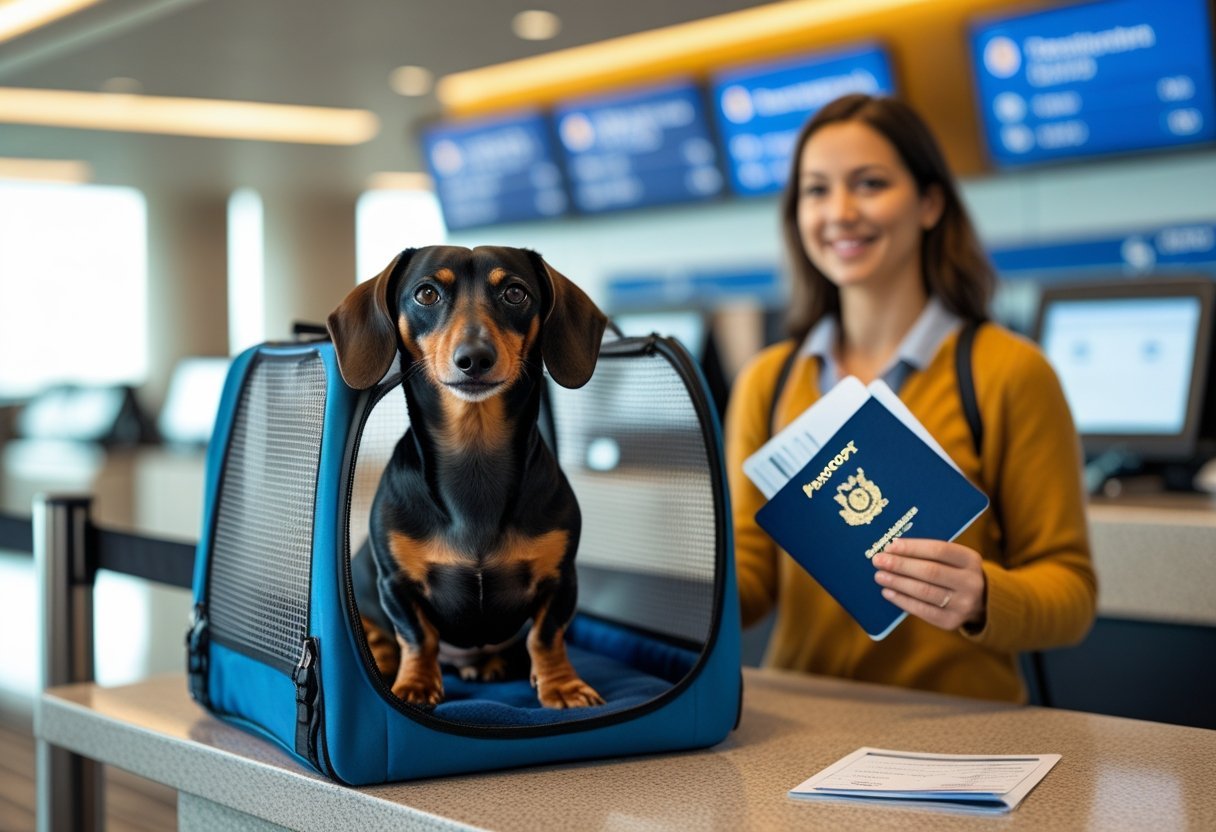 Black-and-tan Dachshund inside airline-approved carrier at airport check-in counter with owner holding travel documents.