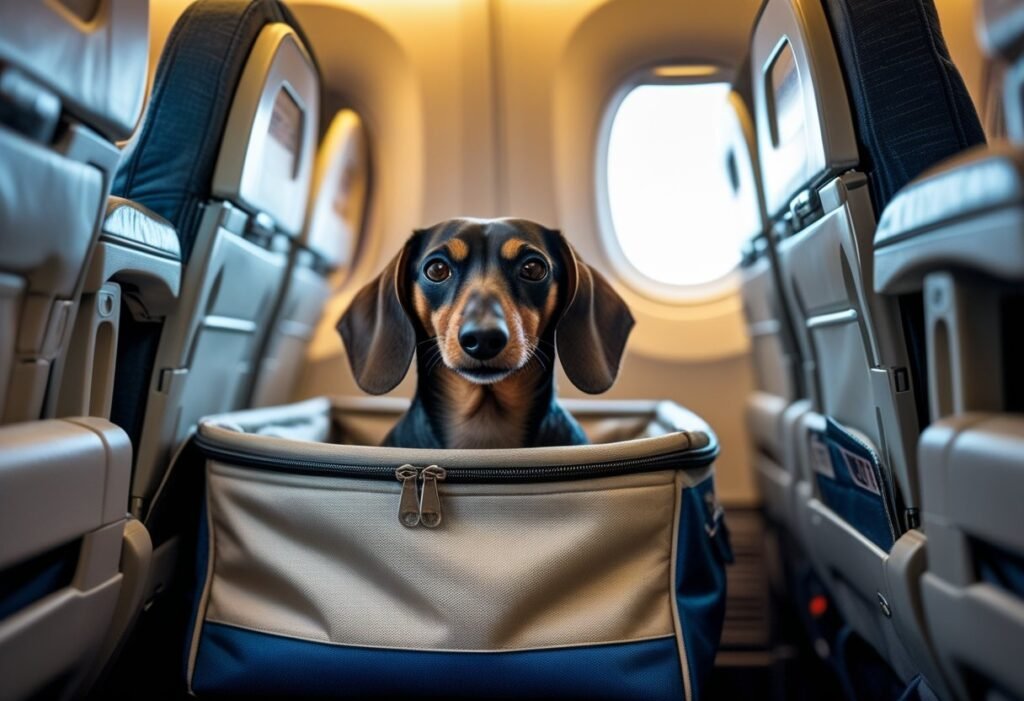 Dachshund peeking out from soft-sided pet carrier placed under airplane seat in cabin with window and seats visible.