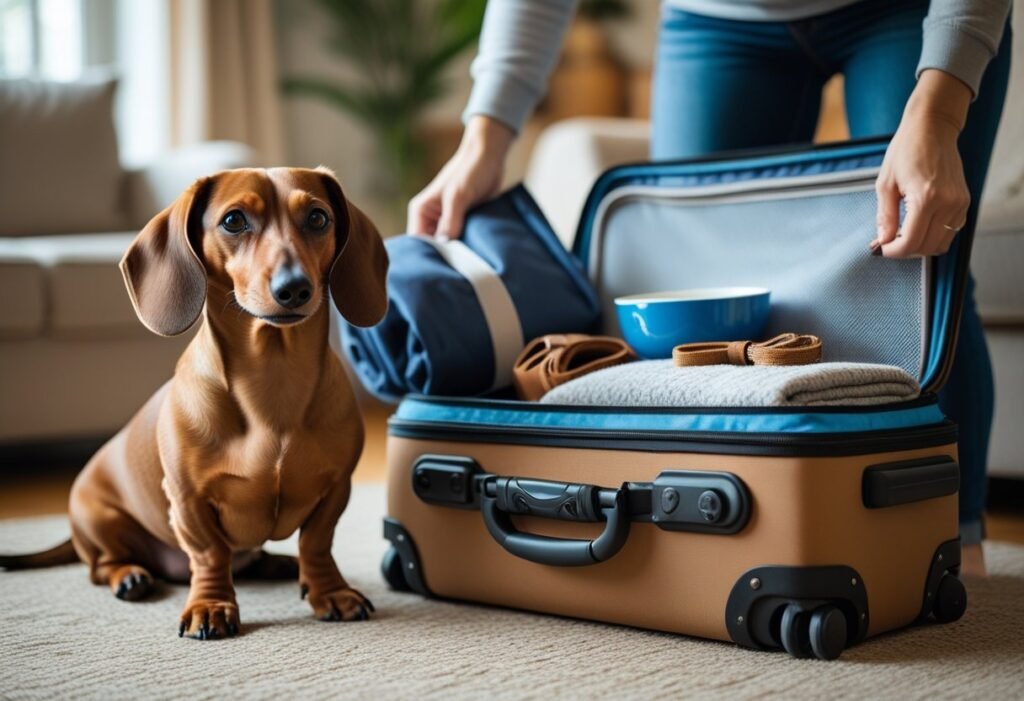 Dachshund next to open suitcase, soft-sided pet carrier, blanket, and travel supplies as owner packs for trip at home.