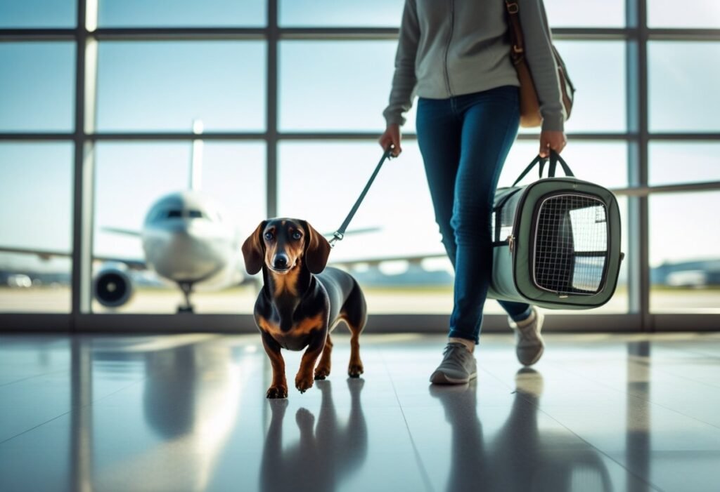 Dachshund walking on leash next to owner at airport terminal with soft-sided pet carrier over shoulder and airplane visible through large windows.