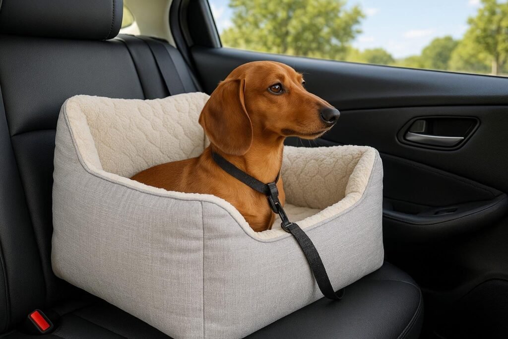 Dachshund sitting comfortably in a Pawaboo dog car booster seat with soft cushion, looking out the car window.