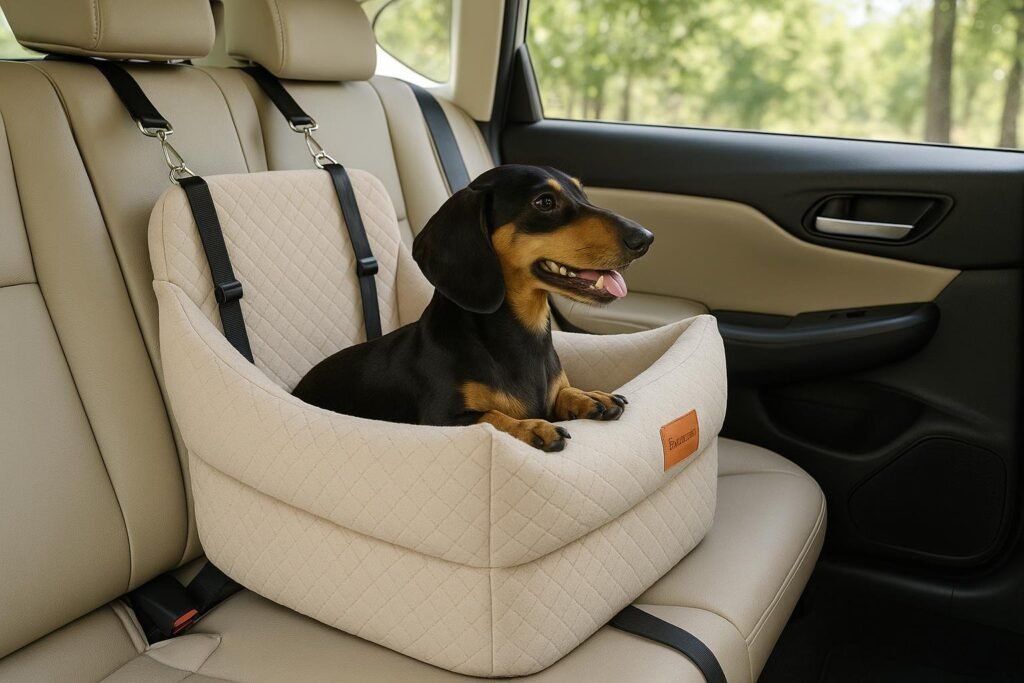 Two small dogs, including a Dachshund, sitting in a Tomyanner elevated dog car seat with padded sides, enjoying the ride.
