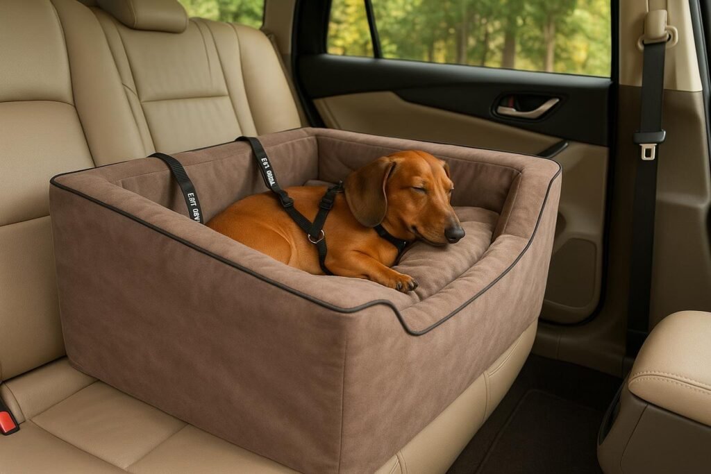 Dachshund resting inside a Pet Gear Lookout booster seat with plush pillow, safely secured with tethers, in an SUV backseat.
