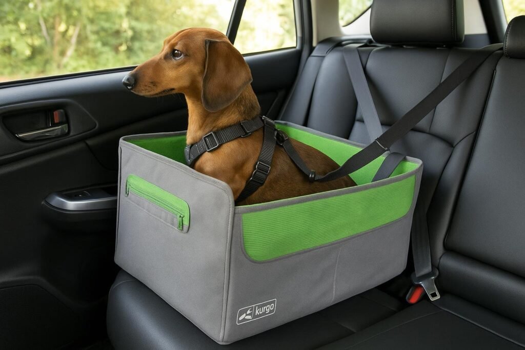 Compact Kurgo Skybox rear booster seat with a harnessed Dachshund inside, gazing out the car window, travel-ready.