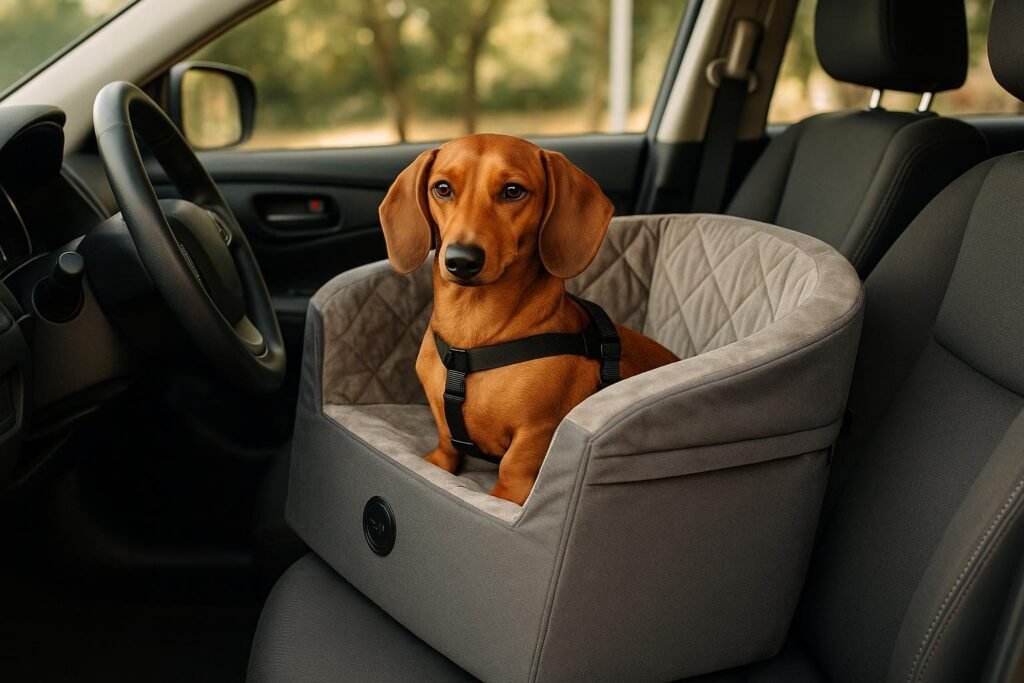 Dachshund sitting upright in a K&H Bucket Booster car seat, soft quilted interior, secured with a harness, in a family car.