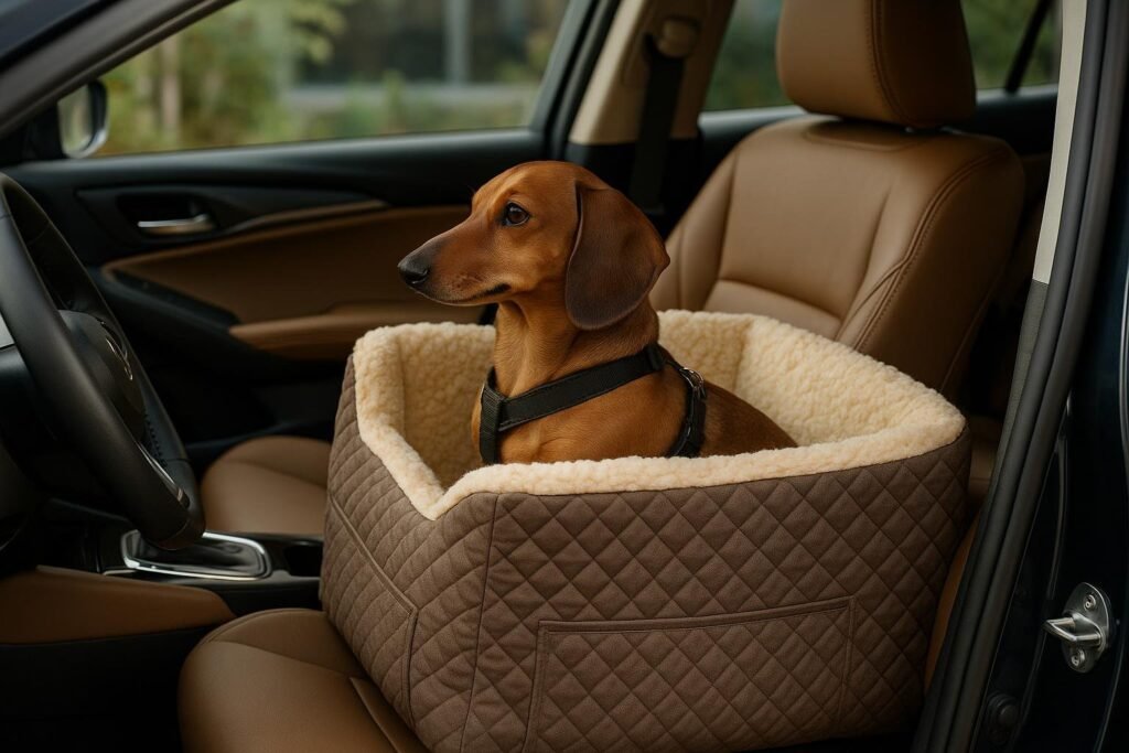 Luxury Snoozer Lookout II car seat with cozy lamb’s wool interior, Dachshund resting comfortably, looking outside.