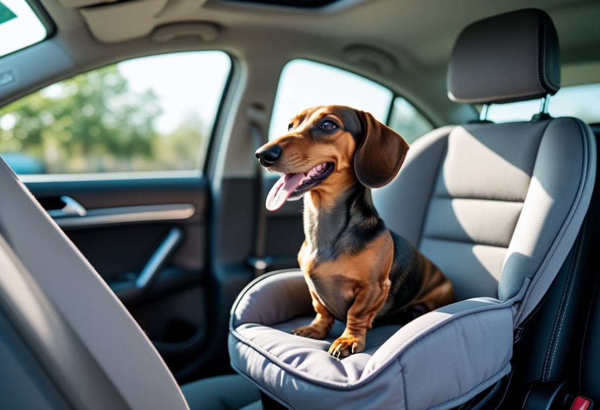 Happy Dachshund enjoying a car ride, sitting in a booster seat, ears flapping slightly, bright and cheerful family car scene.