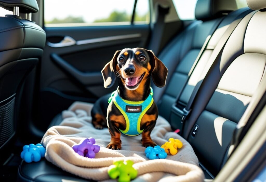 Excited Dachshund wearing a travel harness, sitting on the car seat surrounded by toys and blanket, ready for an adventure.