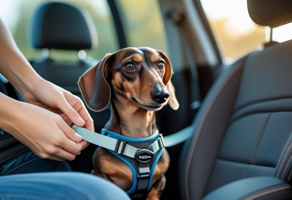 best dachshund car booster seat - Close-up of a person gently buckling a Dachshund into a car booster seat with a safety tether, showing pet care and love.