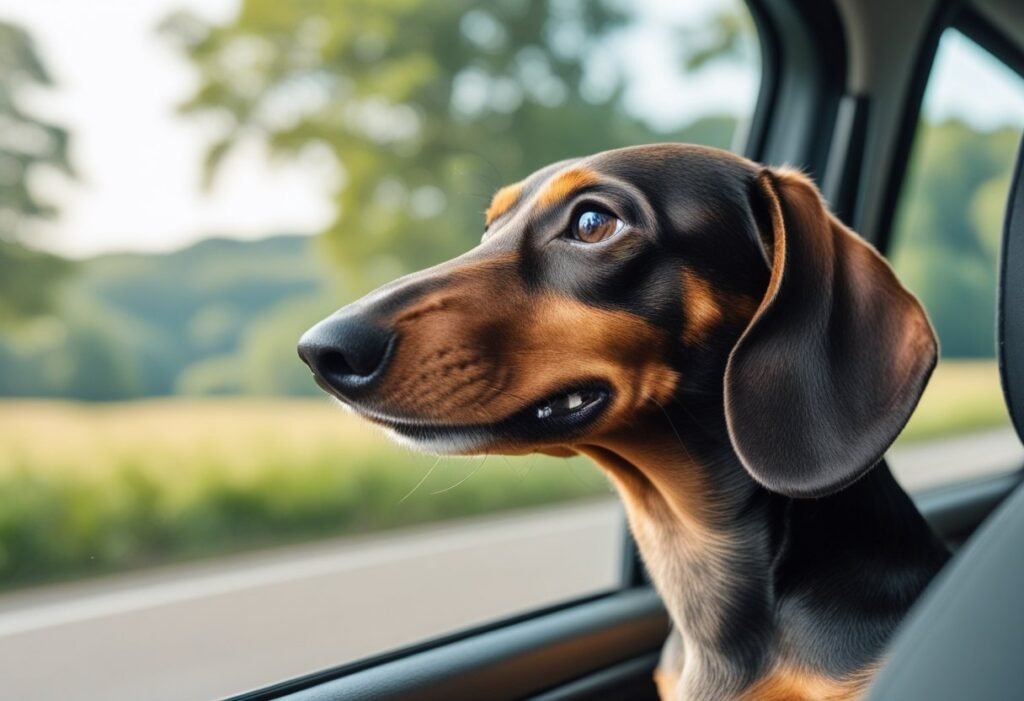 Dachshund sitting in the car, head turned to look out the window, enjoying countryside views during a peaceful drive.
