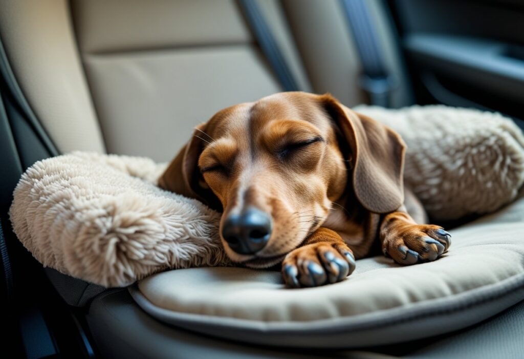 Dachshund curled up and napping inside a cushioned car booster seat, soft fabric, peaceful and safe travel scene.