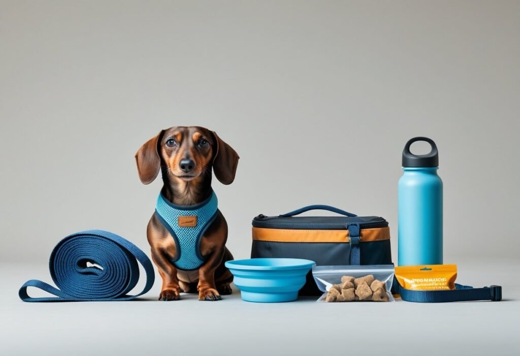 Dachshund sitting next to travel essentials like harness, leash, portable water bottle, and treats, ready for a car journey.