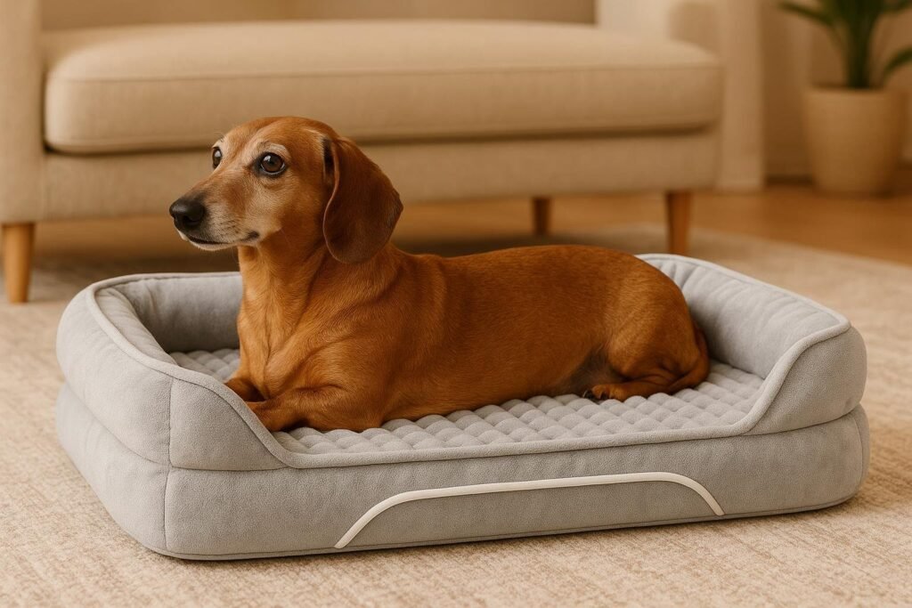 A small Dachshund resting on a light grey orthopedic dog bed with plush bolsters and egg-crate foam base. The removable cover’s zipper is slightly visible. The bed is placed indoors on a soft rug, with sunlight coming through a nearby window, creating a cozy vibe.